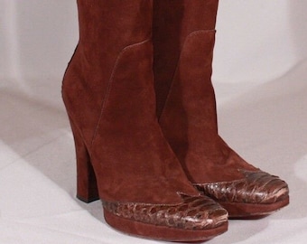 Cesare  Paciotti  Brown Suede Platform  Boots w/ Python  Toe & Heel; Size 36.5