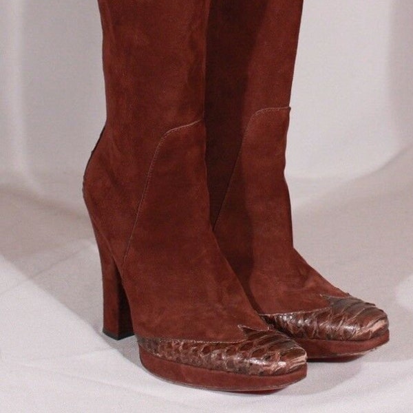 Cesare  Paciotti  Brown Suede Platform  Boots w/ Python  Toe & Heel; Size 36.5