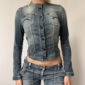 Y2K Moto Denim Jacket: Cropped Stretchy Jean Jacket with Leather Details - XS