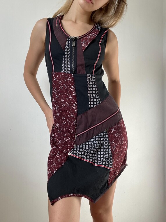 Funky Boho Patchwork Mini Dress – Black Floral St… - image 2