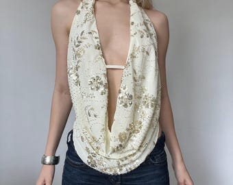 Top halter sin espalda con lentejuelas estilo Y2K y cuello drapeado