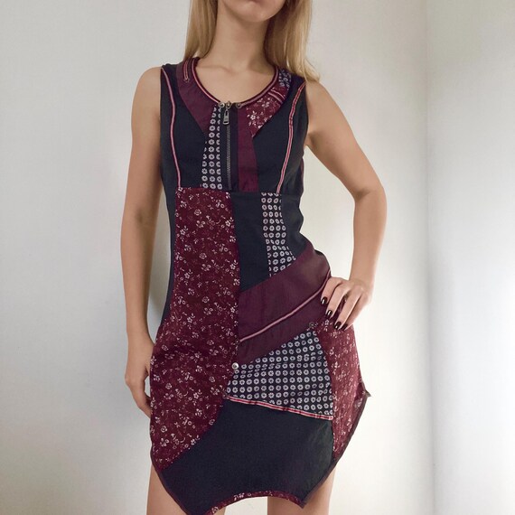 Funky Boho Patchwork Mini Dress – Black Floral St… - image 1