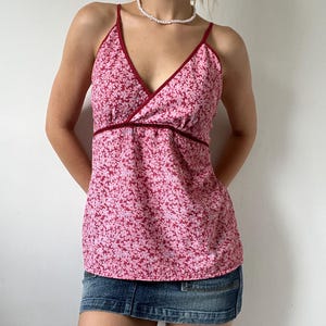 Y2K Pink Floral Cami Top: 100% Cotton Adjustable Tank, Size S