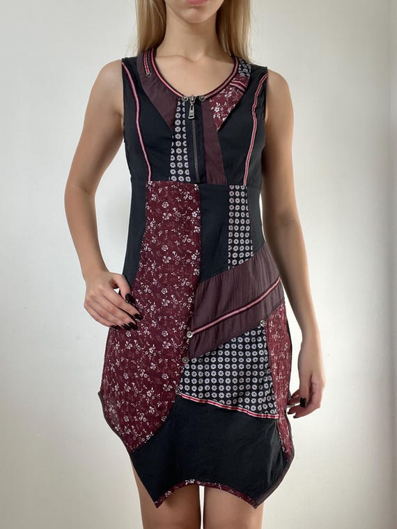 Funky Boho Patchwork Mini Dress – Black Floral St… - image 5