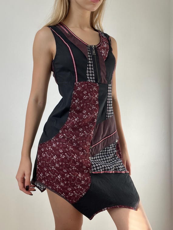 Funky Boho Patchwork Mini Dress – Black Floral St… - image 9