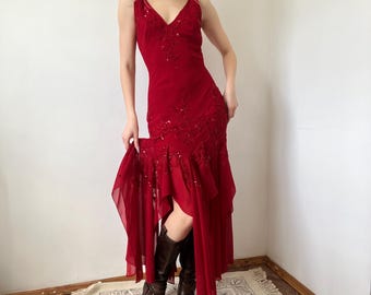 Vestido lencero vintage con bordados de cuentas y bajo de malla fluida, estilo años 2000, vestido de fiesta de hadas.