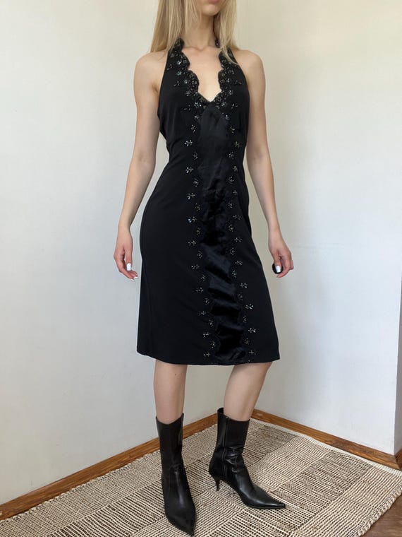 black halter cocktail dress knee length Evening Beaded Midi Sleeve Length_Long Sleeve