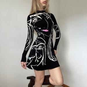 Art Print Mini Dress Desigual Abstract Face Graphic High Neck Long Sleeve Bodycon Dress