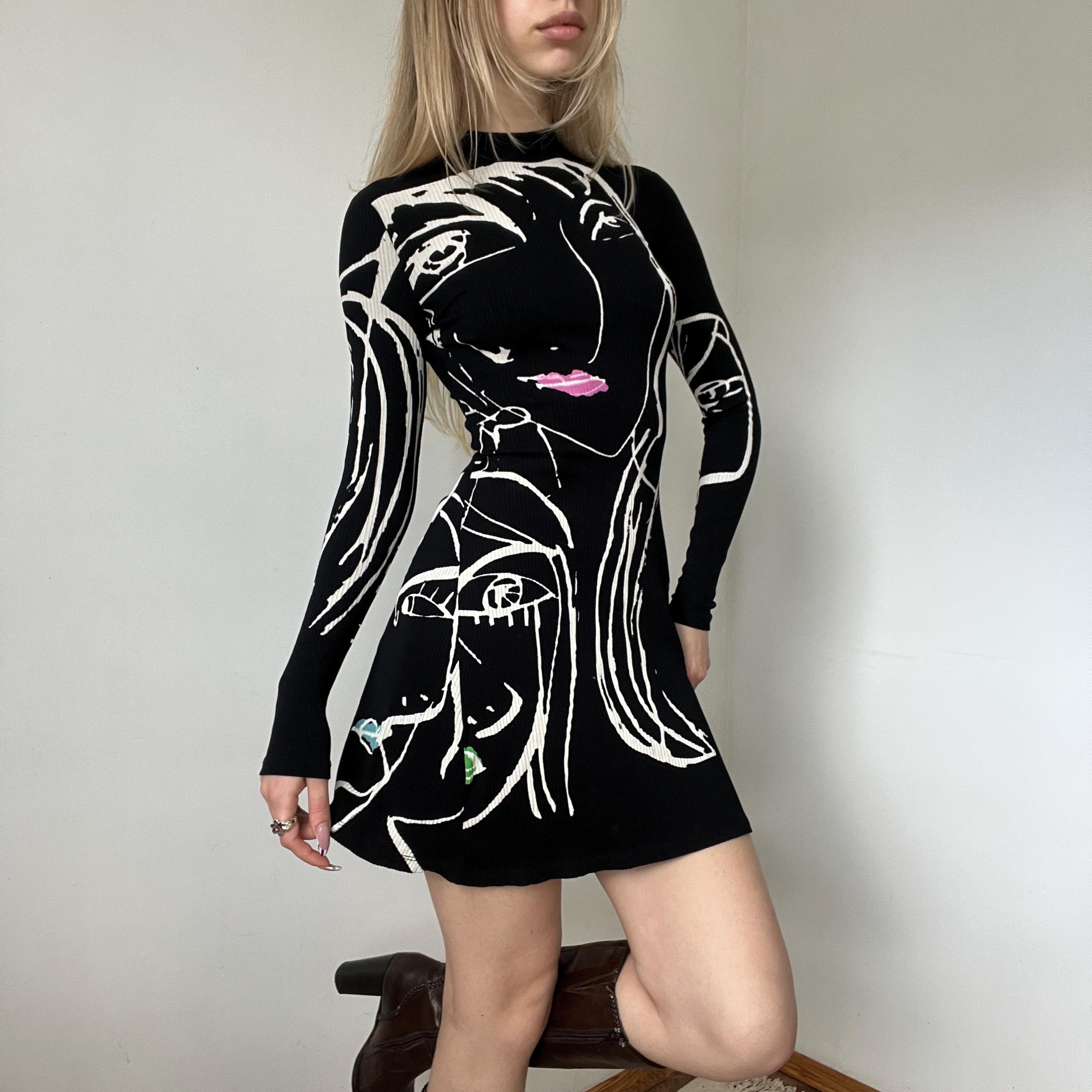 square neck midnight graphic print mini bodycon dress Art Desigual Abstract Face High Long Sleeve Dress Size (Shoe):11.0