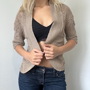 Vintage Beige Knit Bolero Shrug: Cropped Cotton Blend Cardigan