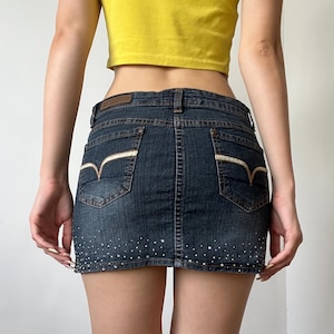 Y2K Low Rise Denim Mini Skirt with Rhinestones | Vintage Look | Size M