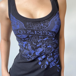 Edgy Black Tank Top with Purple Graphic Print. Size XS/S