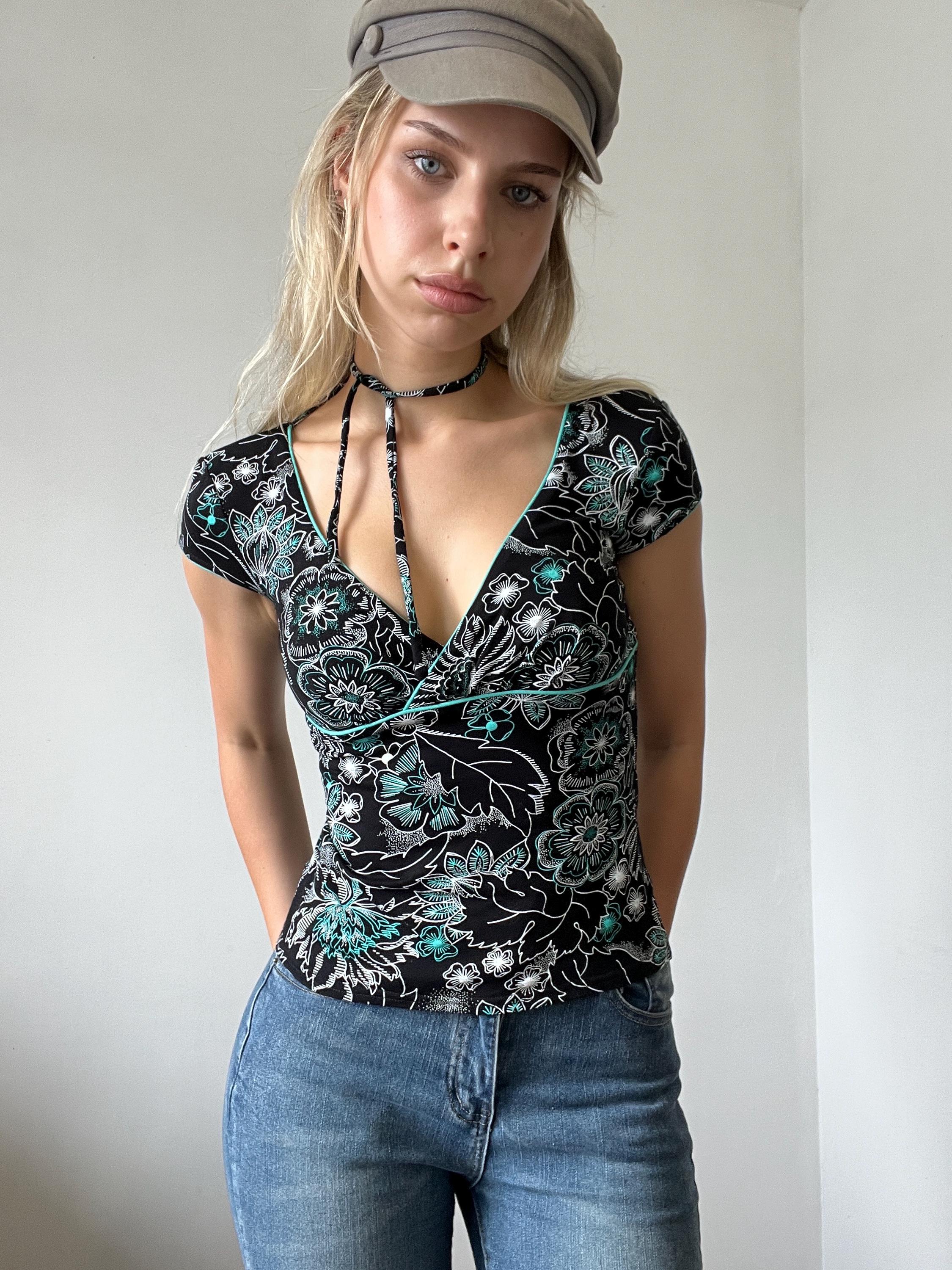 トップス 00s archive roshell v neck knit y2k Y2k Clothes 2000s Tops V-neck T Shirt for Women 90s Vintage