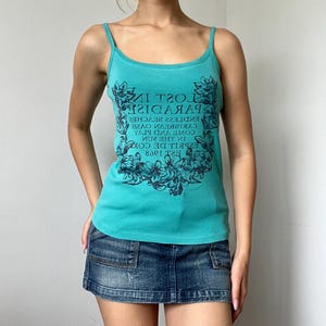 Esprit Graphic Tank Top Y2K Aqua Blue Cami – Floral Shirt Cotton – Size S