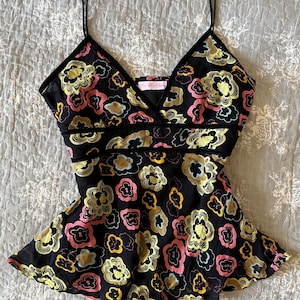 Y2K Floral Peplum Cami Top – Black Mesh Blouse – Sheer Festival Corset Style Tank