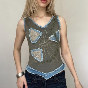 Y2K Deconstructed Tank Top Denim Trim 2000s