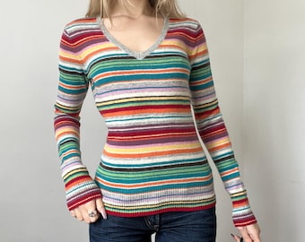 Maglione vintage in lana a righe colorate stile Y2K, top lavorato a maglia anni 2000