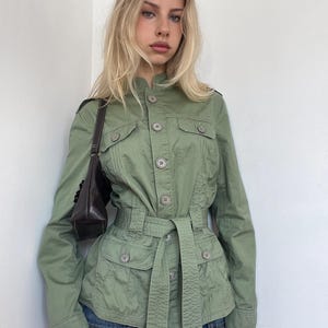 Y2K Army Green Utility Jacket with Belt – Military Style Button-Up – Size EU 40 / US M – MissYou Safari Coat