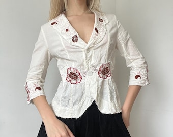 Blazer ajustado de lino con bordado floral estilo Y2K