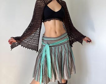 Warehouse 100% Silk Skirt - Fairycore Turquoise Geometric Pattern Skirt