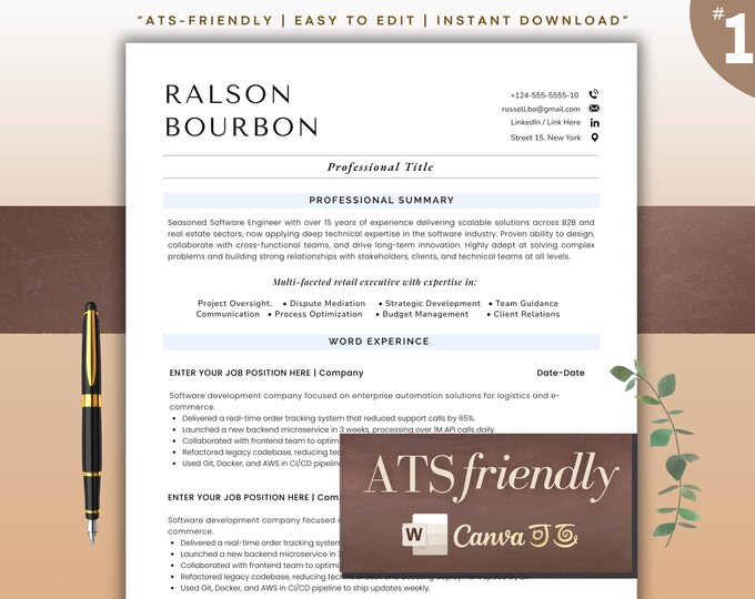 ATS Friendly Resume Template for Canva Resume and Cover Letter Template ...