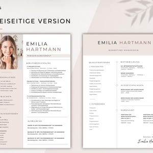 May include: A two-page resume template with a photo of a smiling woman. The resume is in a minimalist style with a light beige and white color scheme. The text includes the name "Emilia Hartmann" and sections for personal details, qualifications, and work experience.