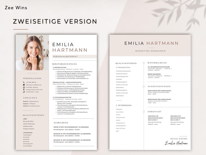 May include: A two-page resume template with a photo of a smiling woman. The resume is in a minimalist style with a light beige and white color scheme. The text includes the name "Emilia Hartmann" and sections for personal details, qualifications, and work experience.