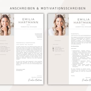 May include: A two-page resume template with a headshot of a smiling woman. The resume is in a minimalist style with sections for personal details, experience, and skills. The text includes the name "EMILIA HARTMANN" and the title "MARKETING MANAGER".