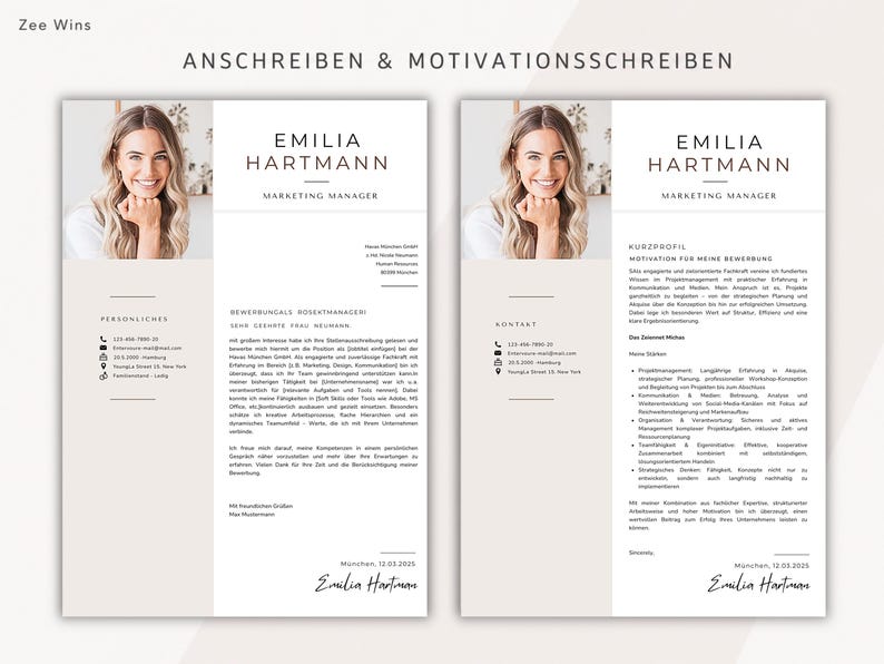 May include: A two-page resume template with a headshot of a smiling woman. The resume is in a minimalist style with sections for personal details, experience, and skills. The text includes the name "EMILIA HARTMANN" and the title "MARKETING MANAGER".