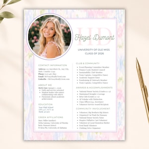Op de afbeelding: Een cv-sjabloon met een pastelkleurige aquarelachtergrond, een cirkelvormig fotokader en de naam Hazel Dumont. Het document bevat secties voor contactgegevens, opleiding, club- en gemeenschapsbetrokkenheid en prijzen in een overzichtelijke lay-out.