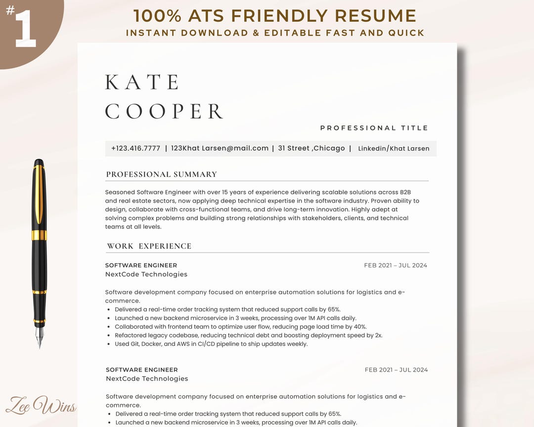 ATS Resume Template for Word & Canva – Modern Professional CV With ...