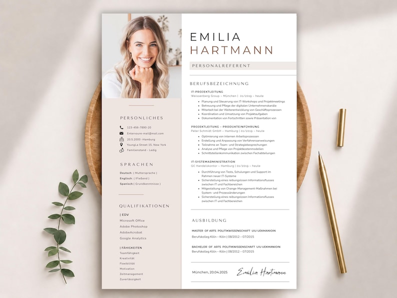 May include: A professional resume template with a photo of a smiling woman. The resume includes sections for personal details, languages, qualifications, and work experience. A gold pen and a pen holder are on the right side of the resume.