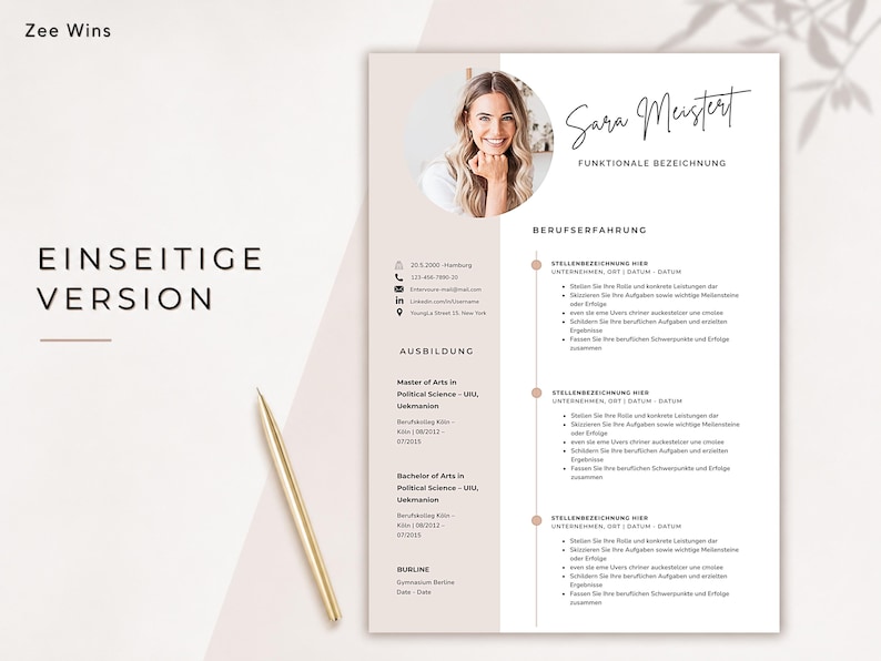 May include: A professional resume template with a photo of a smiling person. The document has a clean layout with sections for contact details, work experience, and education. The name "Sara Meistert" is written in a script font.