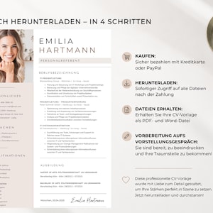 May include: A resume template with a photo of a smiling woman, featuring sections for personal details, skills, and work experience. The text "EINFACH HERUNTERLADEN - IN 4 SCHRITTEN" is at the top. A cup of coffee sits on a saucer in the upper right corner.