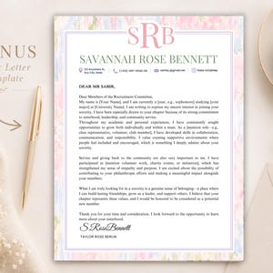 May include: A digital cover letter template featuring a soft pastel watercolour border in shades of pink, blue, and green. The document includes a monogram SRB, the name Savannah Rose Bennett, contact icons, and placeholder text for a formal letter.