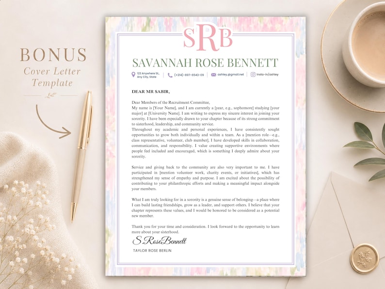 May include: A digital cover letter template featuring a soft pastel watercolour border in shades of pink, blue, and green. The document includes a monogram SRB, the name Savannah Rose Bennett, contact icons, and placeholder text for a formal letter.