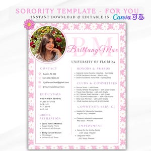Editable Sorority Resume Template with Photo, Canva College Rush Resume, Sorority Cover Letter, Panhellenic Recruitment Resume Design
