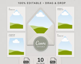 Modèle de doublure d'enveloppe modifiable sur Canva, doublure d'enveloppe de mariage à imprimer, formats C5, C6, A7 et carré, papeterie à faire soi-même (à télécharger)