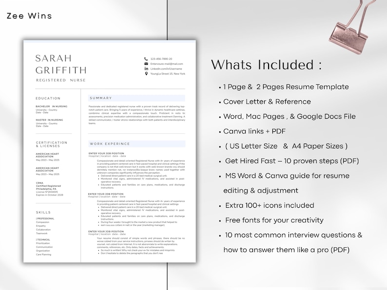 Nurse Resume Template Word, Google-Docs,Pages Registered Nurse Resume Template RN, Physician Assistant Resume for Nurse, New Grad Nurse CV image 5