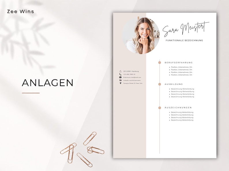 May include: A minimalist resume template with a photo of a woman. The design is clean and modern, with sections for professional experience, education, and awards. The name "Sara Meistert" is written in a script font. The colour scheme is beige and white.