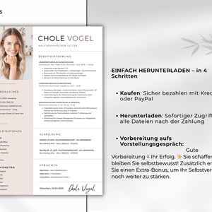 Peut inclure: Un mod&egrave;le de CV professionnel avec le nom "Chole Vogel" en haut, accompagn&eacute; d'une photo d'une femme souriante. Le CV comprend des sections pour l'exp&eacute;rience professionnelle, les informations personnelles, les qualifications et les comp&eacute;tences. Le texte explique le t&eacute;l&eacute;chargement.