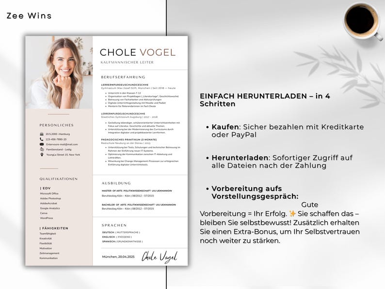 Peut inclure: Un mod&egrave;le de CV professionnel avec le nom "Chole Vogel" en haut, accompagn&eacute; d'une photo d'une femme souriante. Le CV comprend des sections pour l'exp&eacute;rience professionnelle, les informations personnelles, les qualifications et les comp&eacute;tences. Le texte explique le t&eacute;l&eacute;chargement.