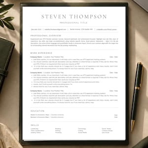 May include: A professional CV template on a black clipboard featuring the name Steven Thompson at the top, followed by sections for professional overview, work experience, education, and skills, with a black pen placed on the right side.