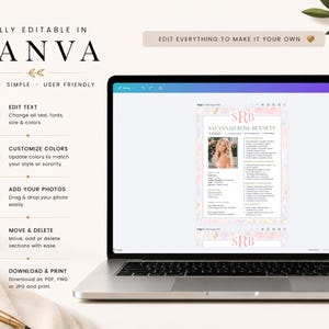 May include: A laptop displaying a resume template in Canva with the text FULLY EDITABLE IN CANVA, EDIT EVERYTHING TO MAKE IT YOUR OWN, and a list of features including EDIT TEXT, CUSTOMIZE COLORS, ADD YOUR PHOTOS, MOVE & DELETE, and DOWNLOAD & PRINT.