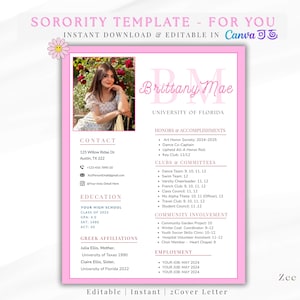 Pink sorority resume template with photo, Sorority recruitment Resume Canva Rose social sorority rush resume, Creative Sorority Cover Letter
