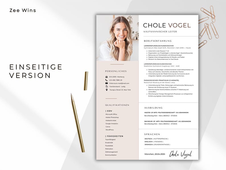 Lebenslauf Vorlage Deutsch 2026 | CV professionnel avec Anschreiben & Foto | Bewerbung Vorlage Word, Pages-Canva | Téléchargement de CV moderne image 3