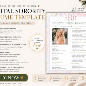 May include: A digital sorority CV template featuring a pastel watercolour border, a placeholder for a headshot, and sections for contact information, education, awards, and community involvement. The document includes the name Savannah Rose Bennett.