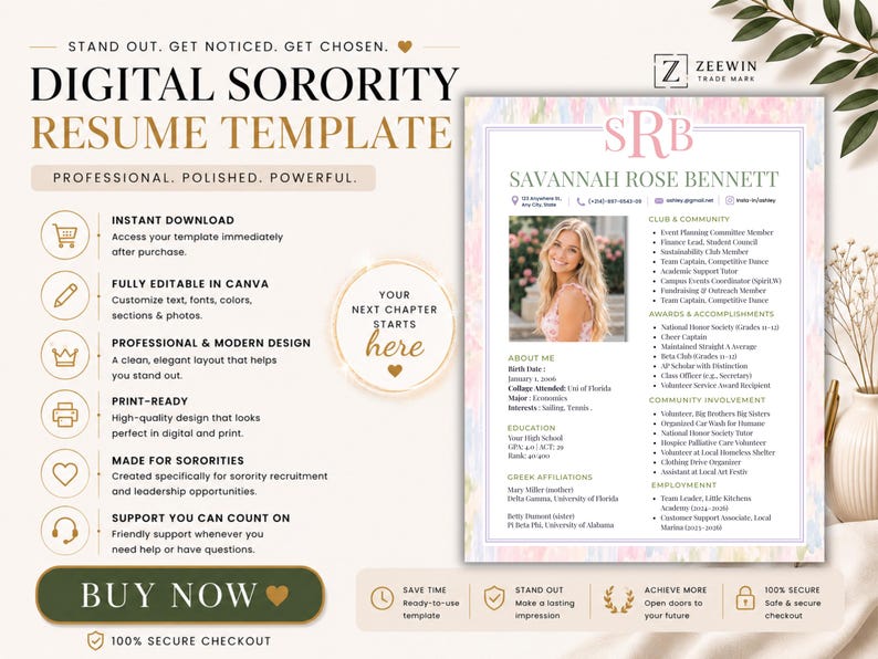May include: A digital sorority CV template featuring a pastel watercolour border, a placeholder for a headshot, and sections for contact information, education, awards, and community involvement. The document includes the name Savannah Rose Bennett.