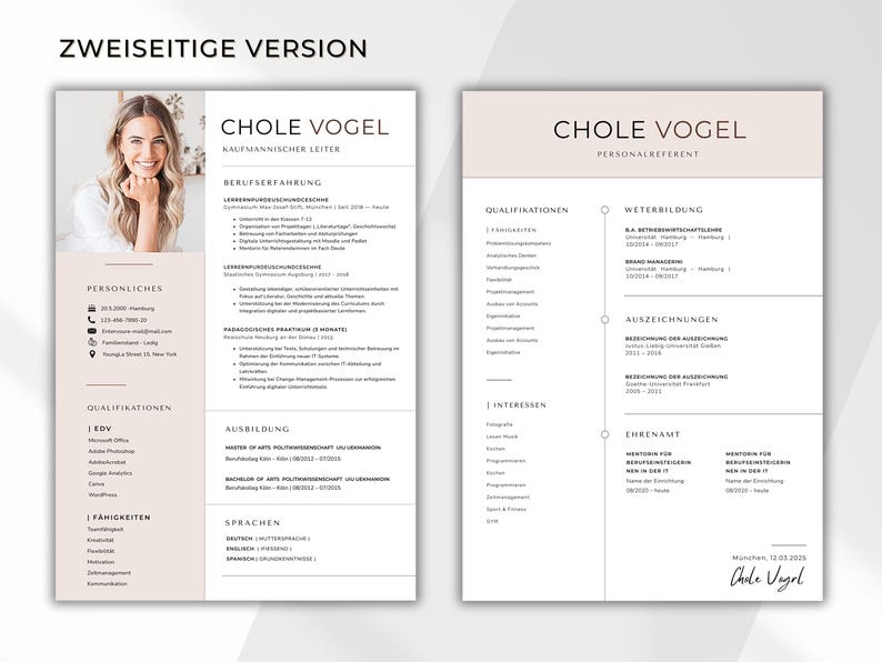 Peut inclure: Pr&eacute;sentation d'un CV en deux pages avec une photo d'une femme. Le CV comprend des sections pour l'exp&eacute;rience professionnelle, les qualifications, l'&eacute;ducation et les informations personnelles. Le texte est dans une police moderne avec une palette de couleurs neutres.