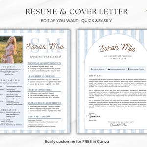 May include: A resume and cover letter template with a light blue and white striped border. The resume includes a photo, contact information, and sections for education, experience, and extracurricular activities. The cover letter has a matching design. Text reads "Resume & Cover Letter" and "Edit as you want - Quick & Easily."